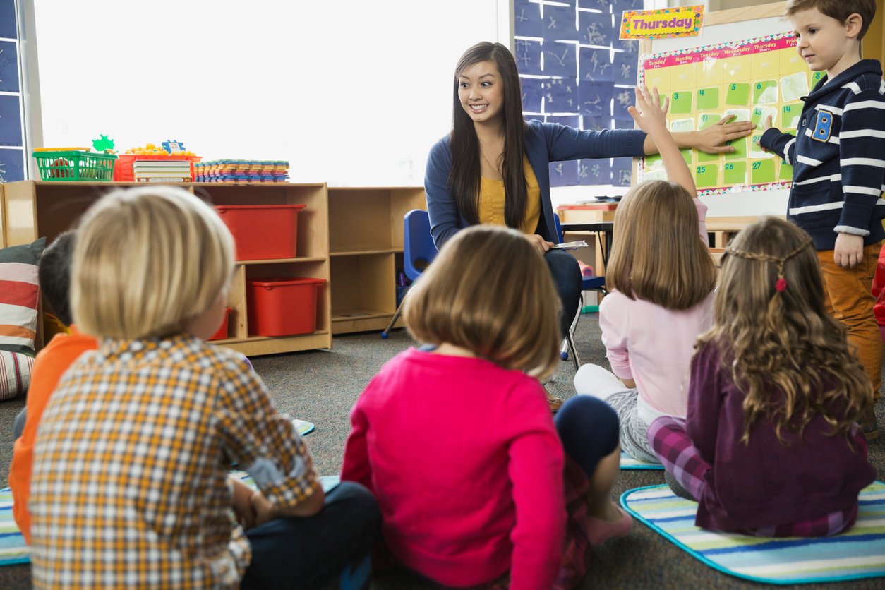 Teacher with students in classroom implementing curriculum