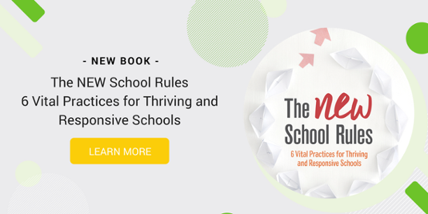 A graphic inviting the reader to learn more about a book called "The NEW School Rules"